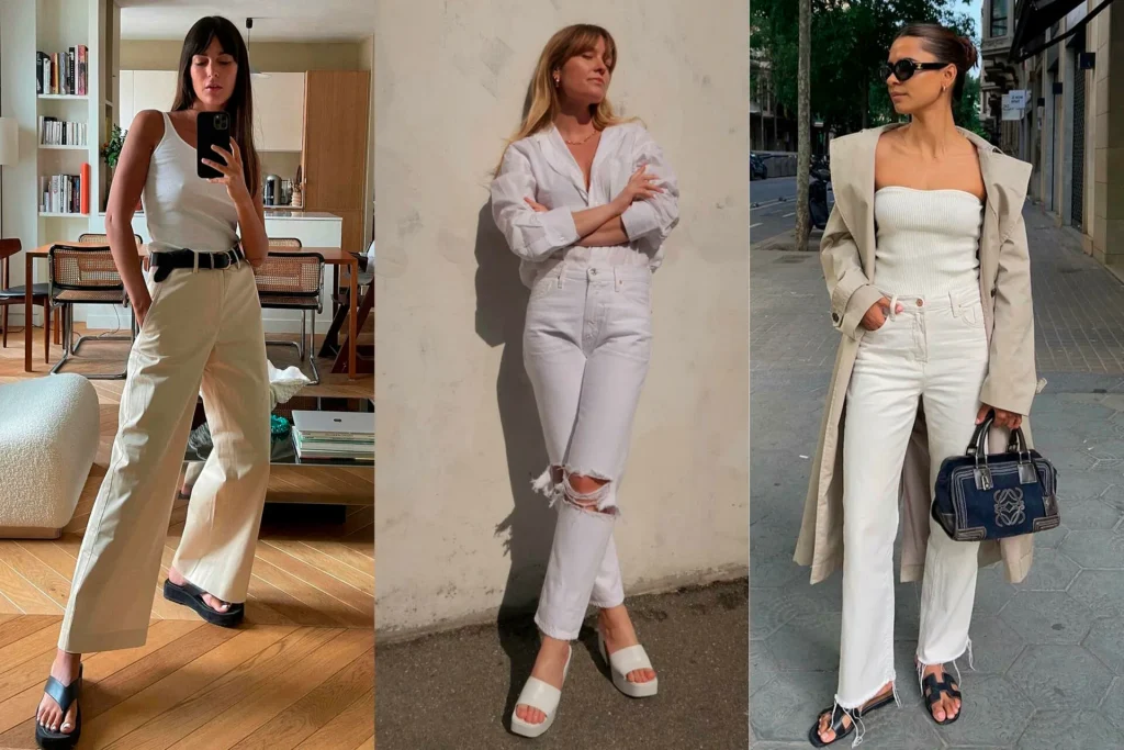 Tyto černé sandály dodají vašemu outfitu s širokými bílými kalhotami trochu fantazie.